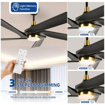 Ventilateur de plafond moderne Moasis 52 avec télécommande, éclairage et 5 pales en bois massif