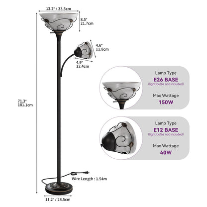 Lampadaire torchère traditionnel Moasis 71 avec lampe de lecture réglable, abat-jour en verre albâtre - 71H
