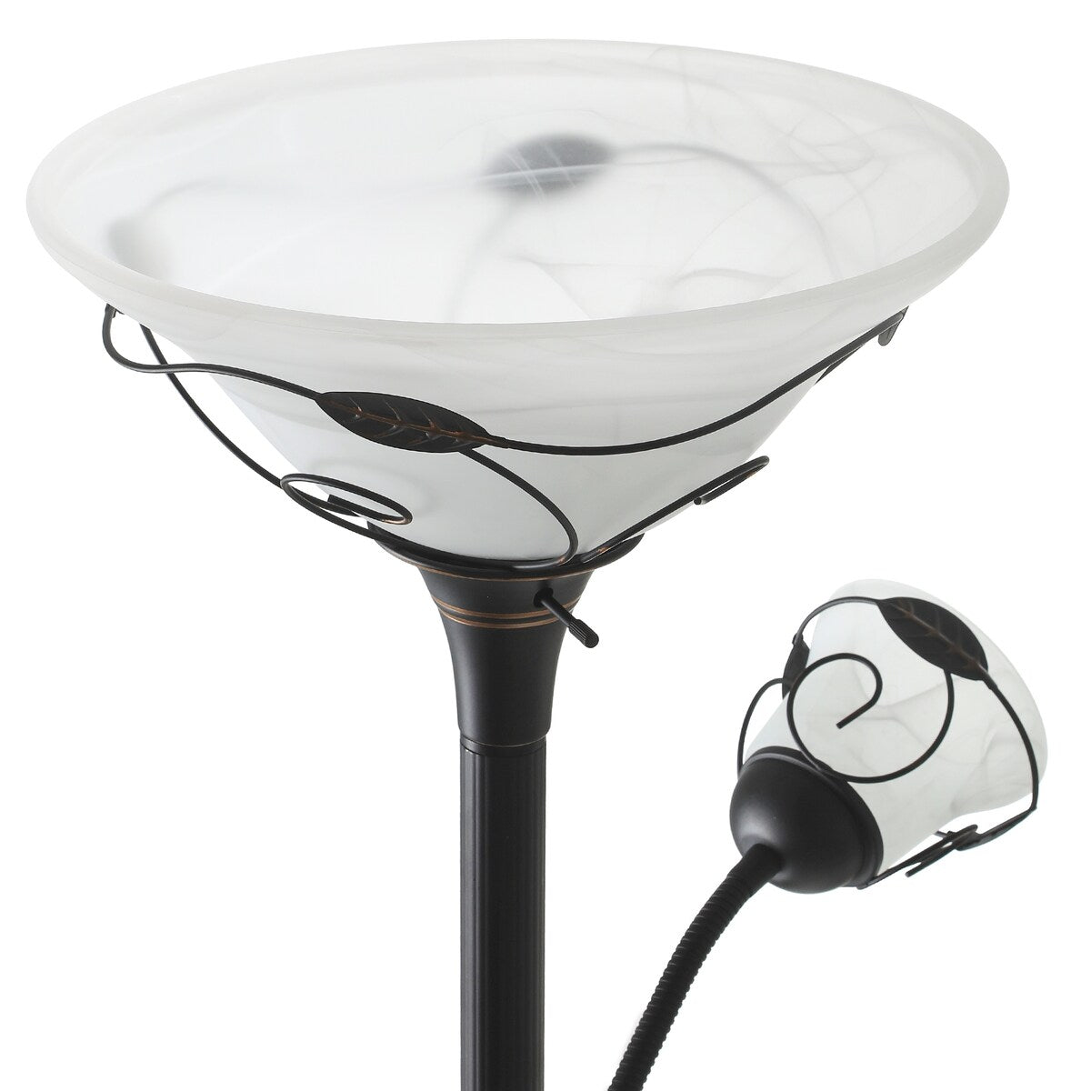 Lampadaire torchère traditionnel Moasis 71 avec lampe de lecture réglable, abat-jour en verre albâtre - 71H