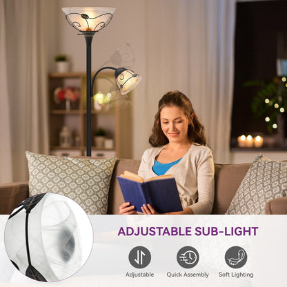 Lampadaire torchère traditionnel Moasis 71 avec lampe de lecture réglable, abat-jour en verre albâtre - 71H