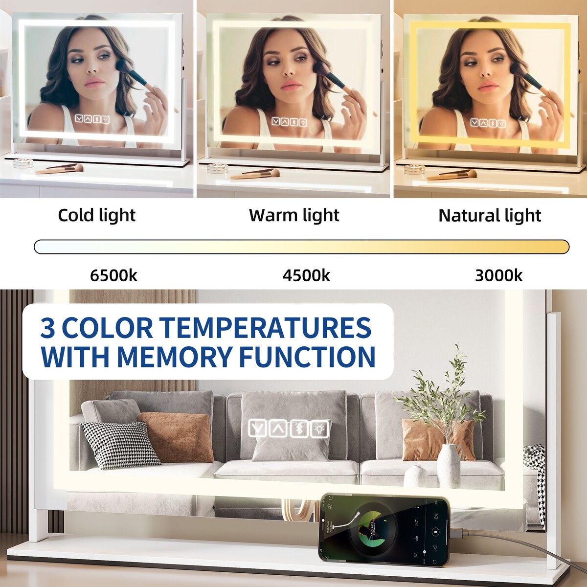 Miroir de maquillage Moasis avec éclairage LED, port de chargement USB, grossissement x10, haut-parleur Bluetooth