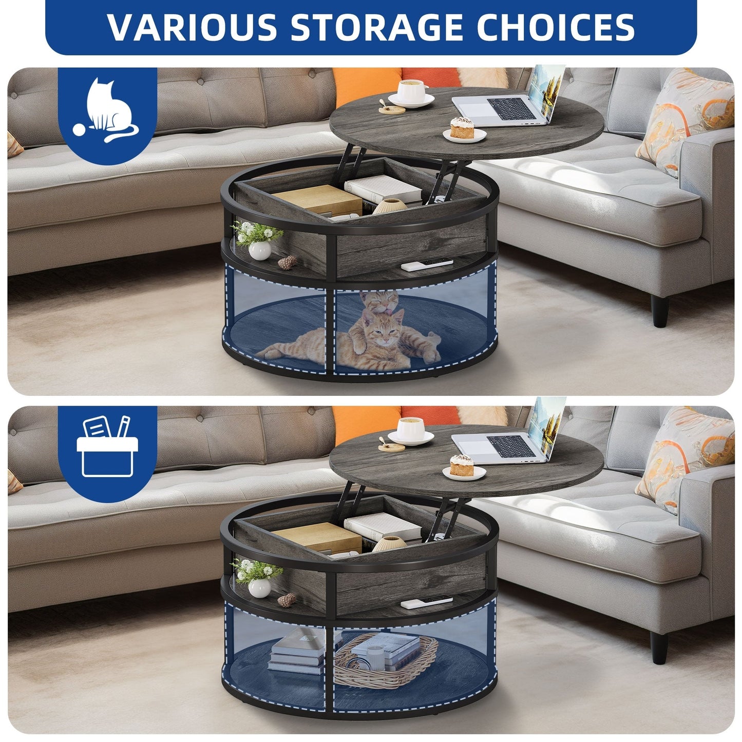 Table basse ronde relevable Moasis avec rangement dissimulé