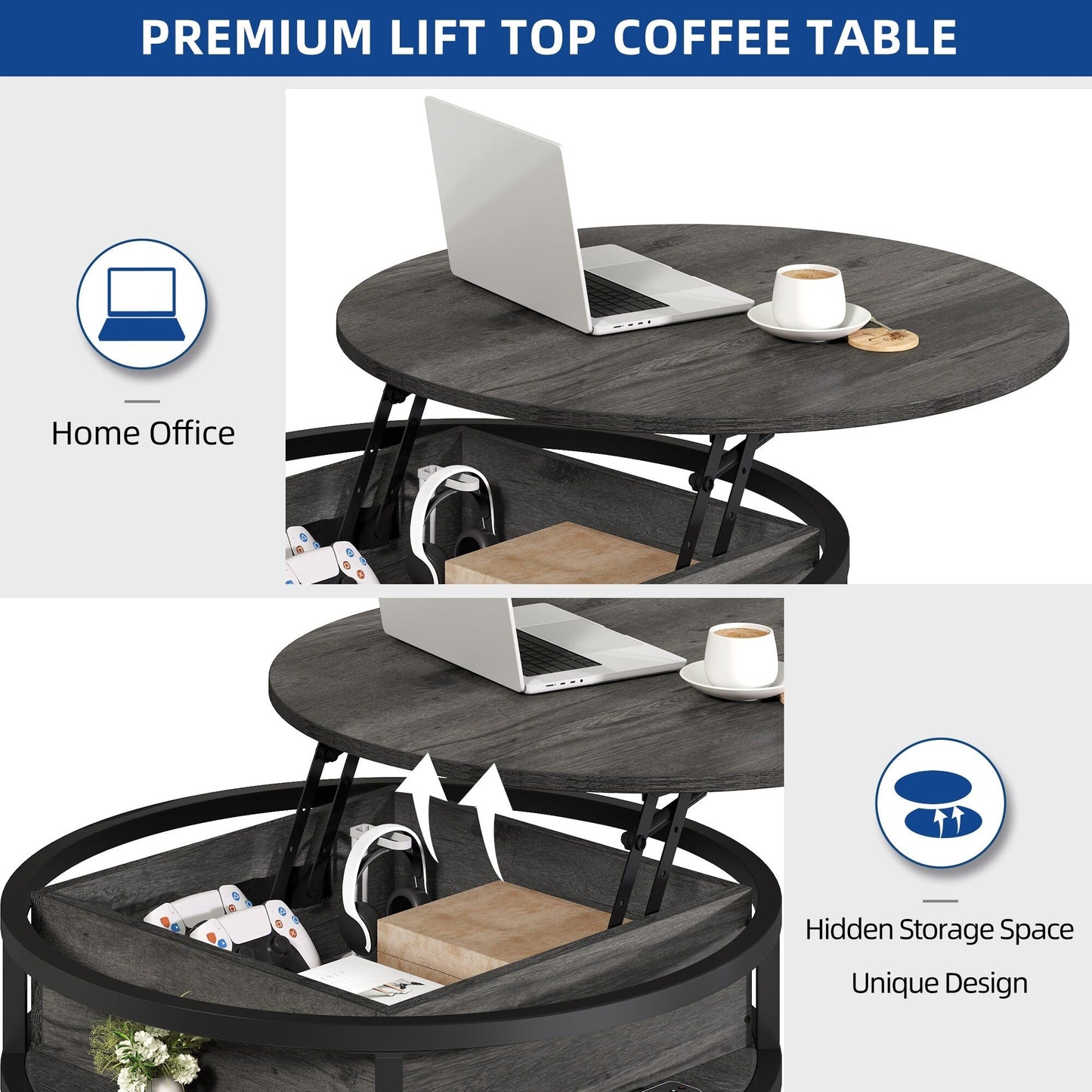 Table basse ronde relevable Moasis avec rangement dissimulé