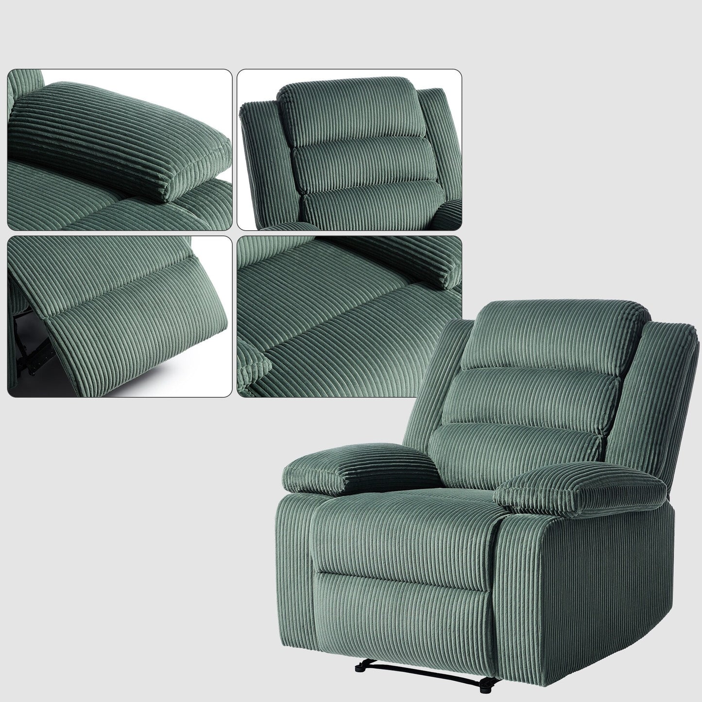 Fauteuil inclinable manuel moderne en velours côtelé, chaise longue inclinable réglable avec accoudoirs larges