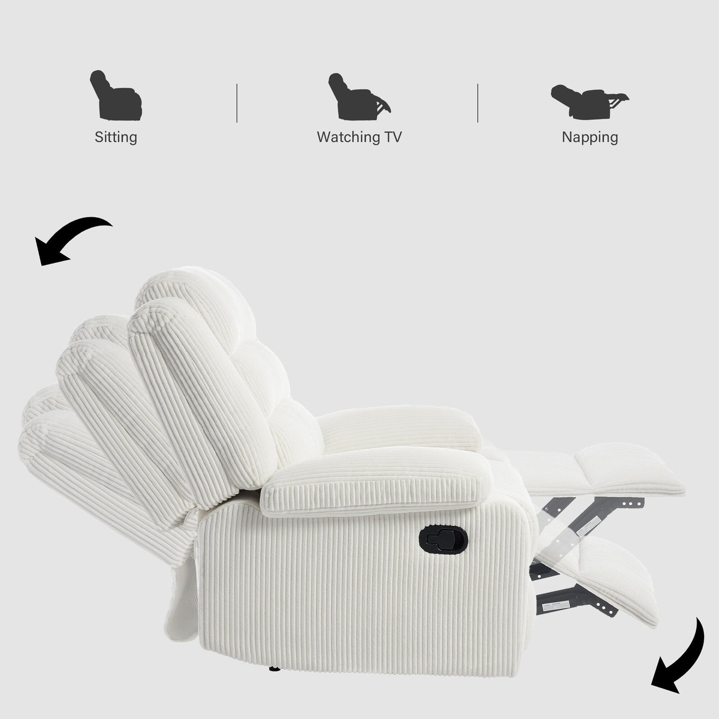 Fauteuil inclinable manuel moderne en velours côtelé, chaise longue inclinable réglable avec accoudoirs larges