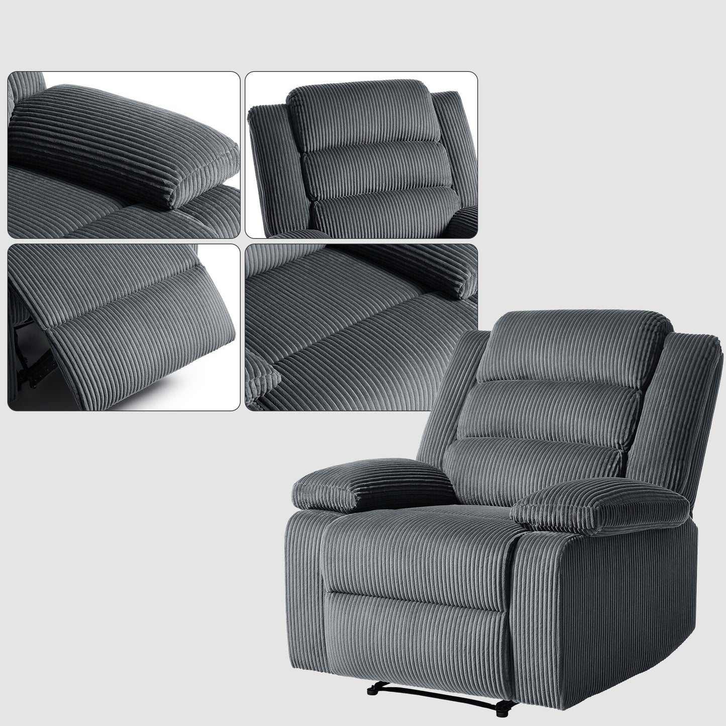 Fauteuil inclinable manuel moderne en velours côtelé, chaise longue inclinable réglable avec accoudoirs larges