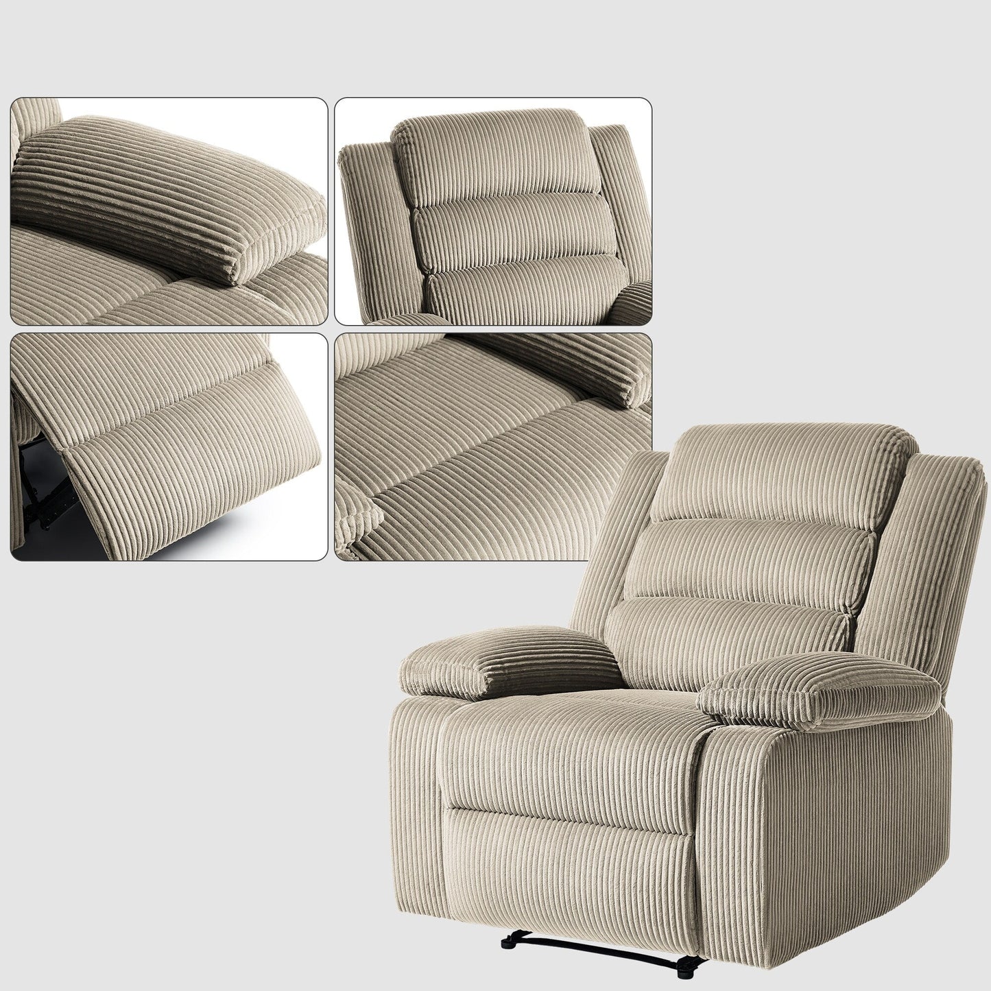 Fauteuil inclinable manuel moderne en velours côtelé, chaise longue inclinable réglable avec accoudoirs larges