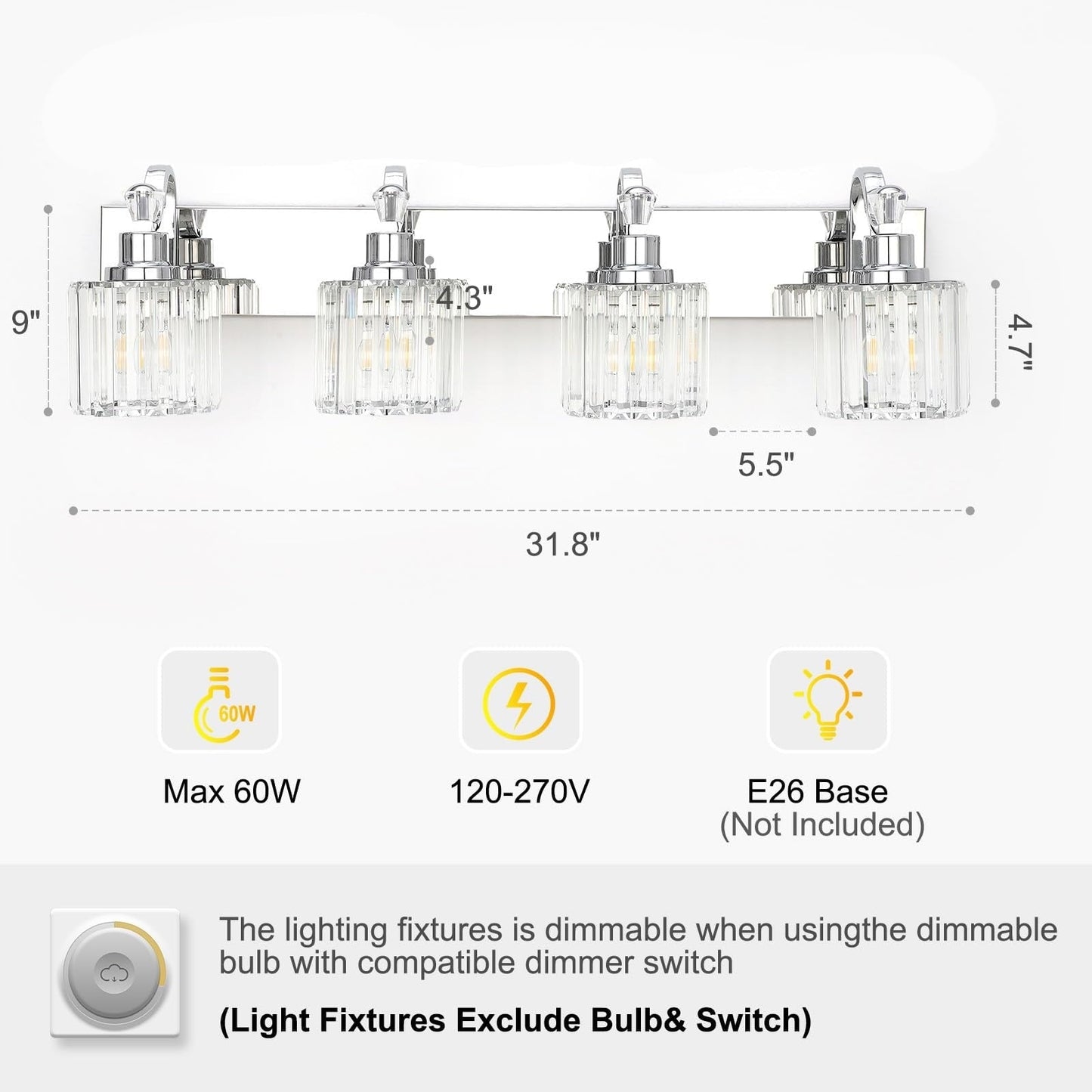Appliques murales à intensité variable pour salle de bain en cristal moderne