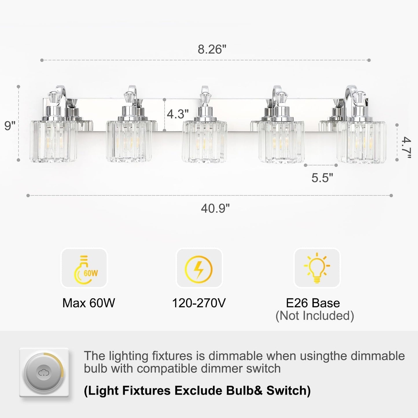 Appliques murales à intensité variable pour salle de bain en cristal moderne