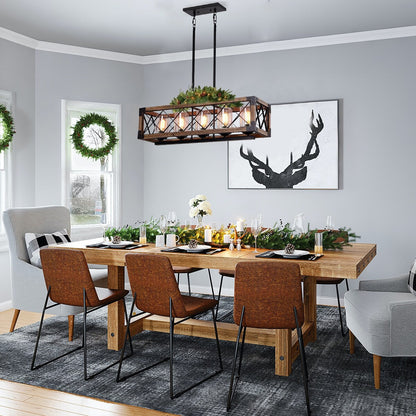 Lustre rectangulaire en bois à 5 lumières de style ferme moderne, éclairage d'îlot de cuisine en verre grainé pour salle à manger - 31,5 L x 8,75 l x 8 H