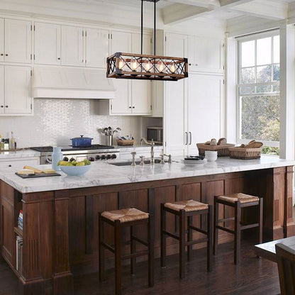 Lustre rectangulaire en bois à 5 lumières de style ferme moderne, éclairage d'îlot de cuisine en verre grainé pour salle à manger - 31,5 L x 8,75 l x 8 H