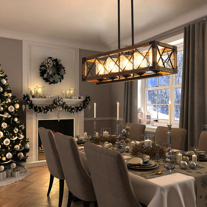 Lustre rectangulaire en bois à 5 lumières de style ferme moderne, éclairage d'îlot de cuisine en verre grainé pour salle à manger - 31,5 L x 8,75 l x 8 H