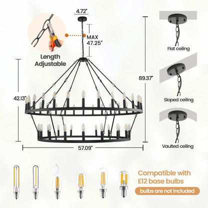 Lustre de ferme moderne à 2 niveaux, lustre rond en forme de roue de chariot, grand plafonnier haut.