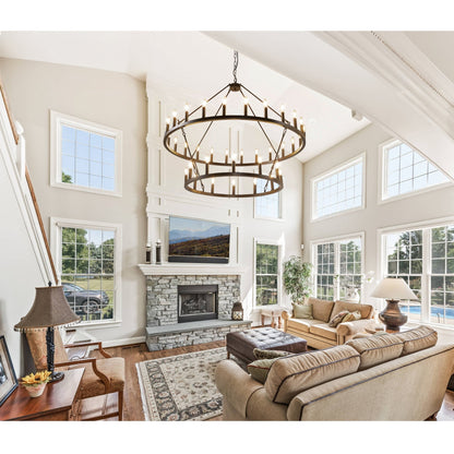 Lustre de ferme moderne à 2 niveaux, lustre rond en forme de roue de chariot, grand plafonnier haut.