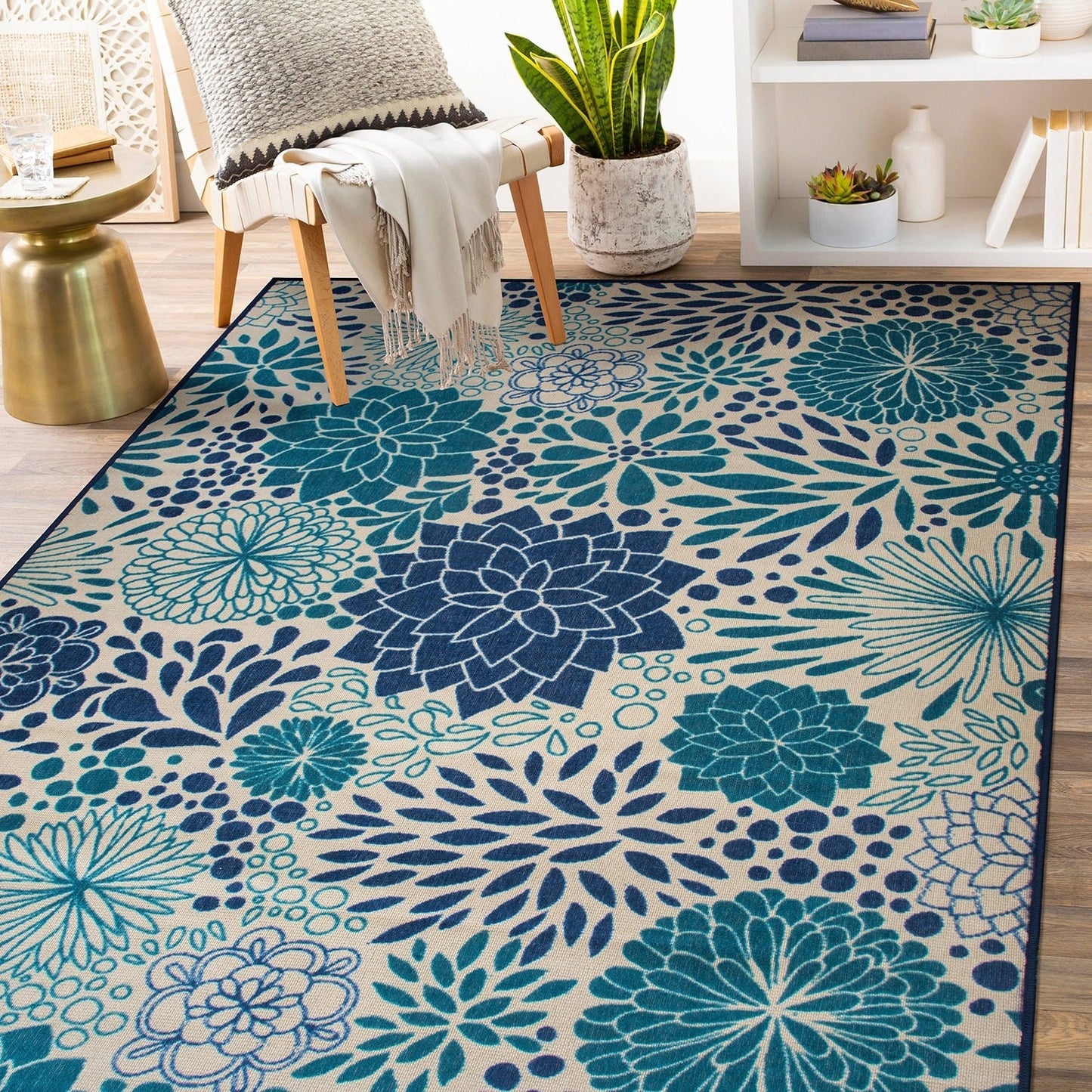 Tapis d'intérieur/extérieur tissé plat à motifs floraux modernes