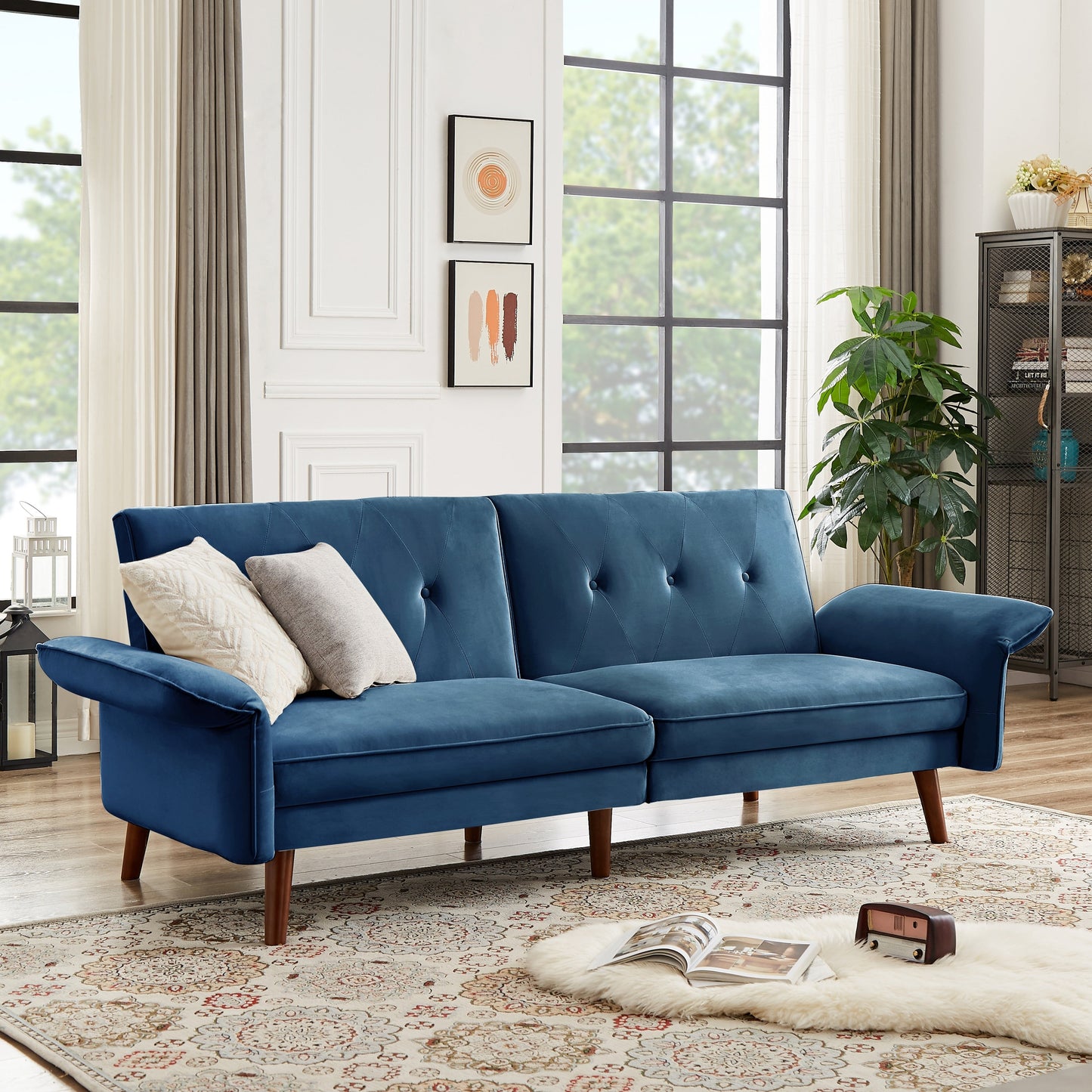 Canapé-lit futon moderne, canapé-lit convertible avec pieds fuselés en bois, 78,35 po, petit canapé à dossier divisé pour le salon