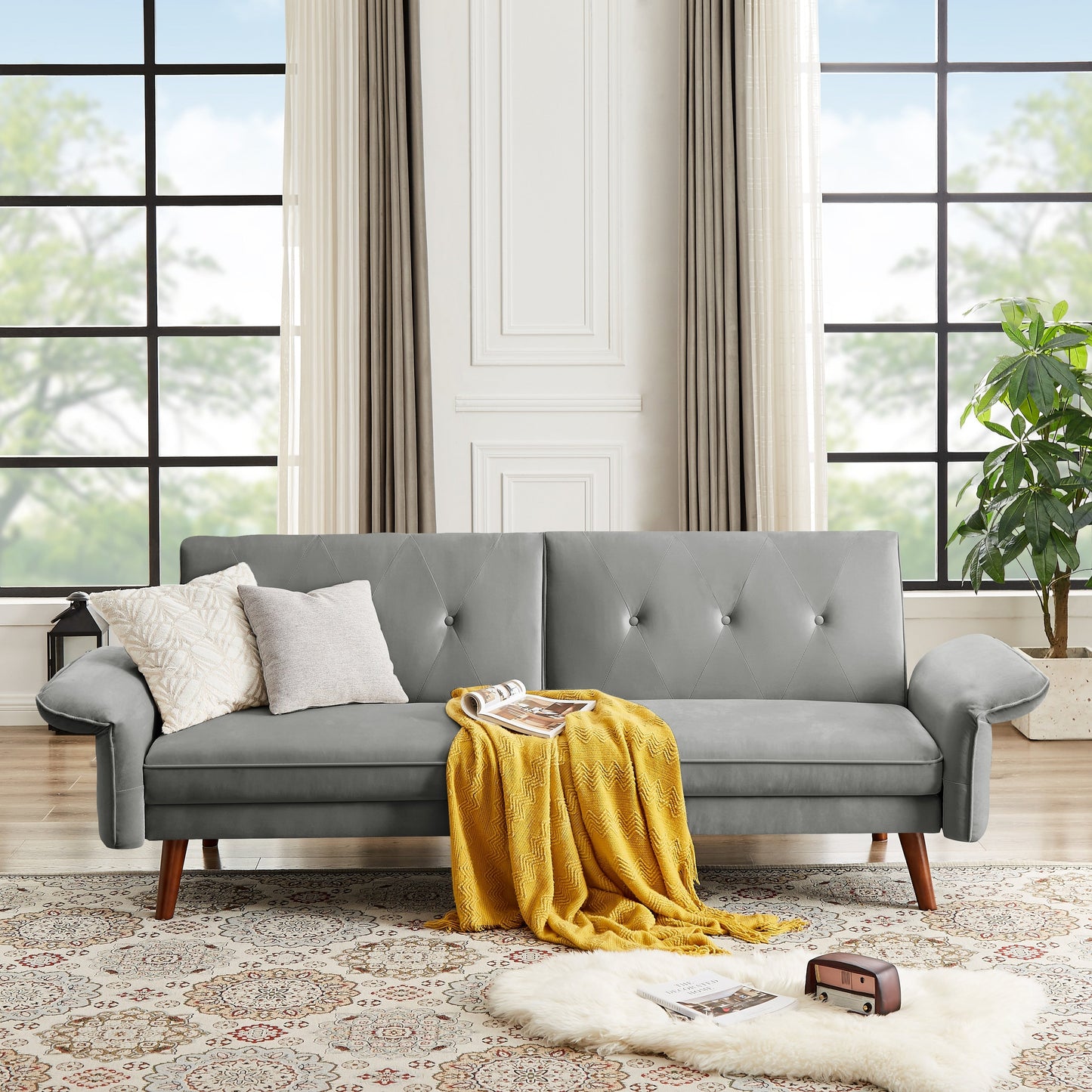 Canapé-lit futon moderne, canapé-lit convertible avec pieds fuselés en bois, 78,35 po, petit canapé à dossier divisé pour le salon