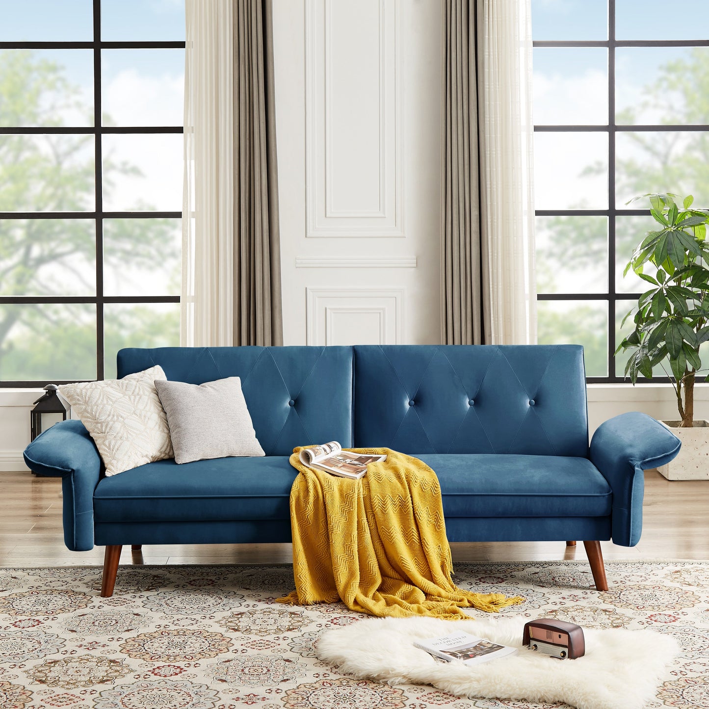 Canapé-lit futon moderne, canapé-lit convertible avec pieds fuselés en bois, 78,35 po, petit canapé à dossier divisé pour le salon