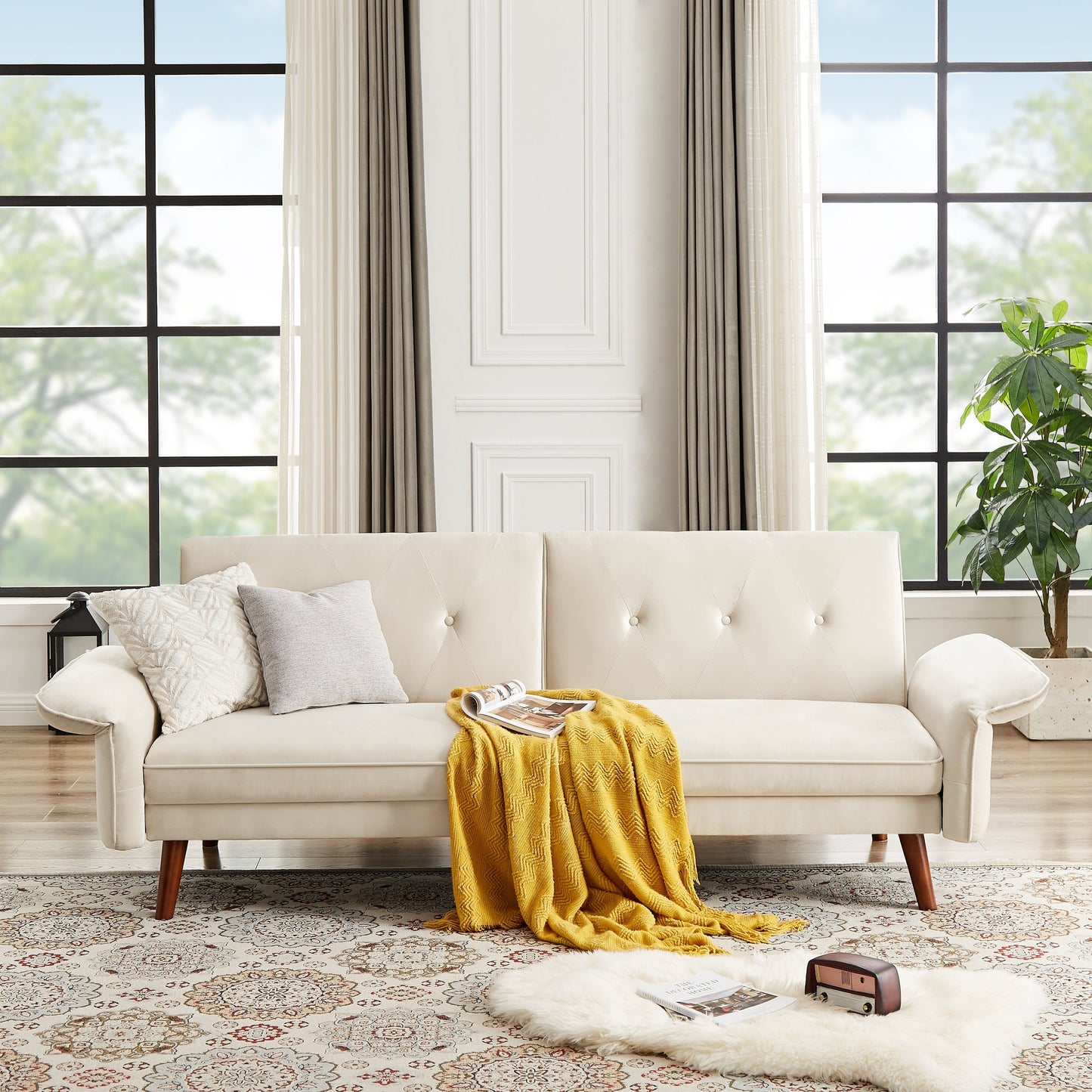 Canapé-lit futon moderne, canapé-lit convertible avec pieds fuselés en bois, 78,35 po, petit canapé à dossier divisé pour le salon