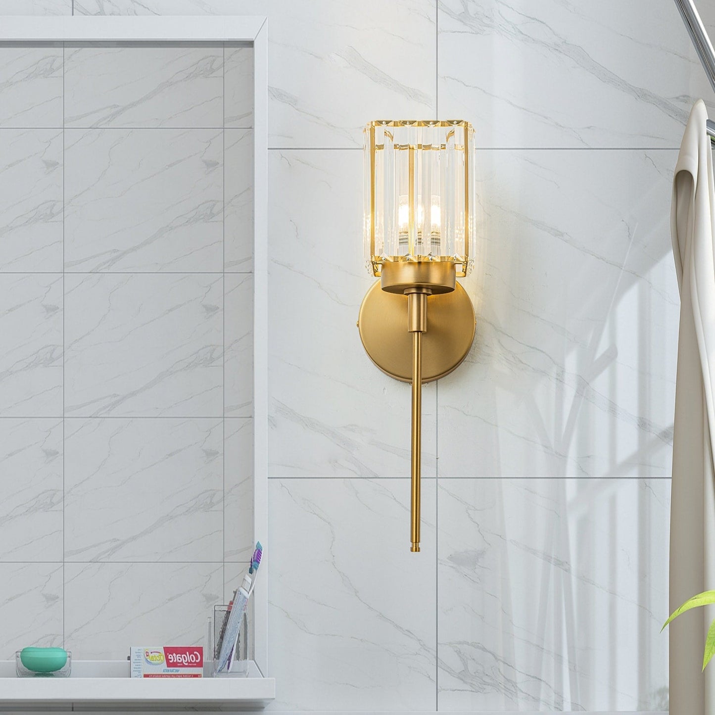 Applique murale moderne dorée à intensité variable, style cylindre glamour pour salle de bain, en cristal, pour vanité