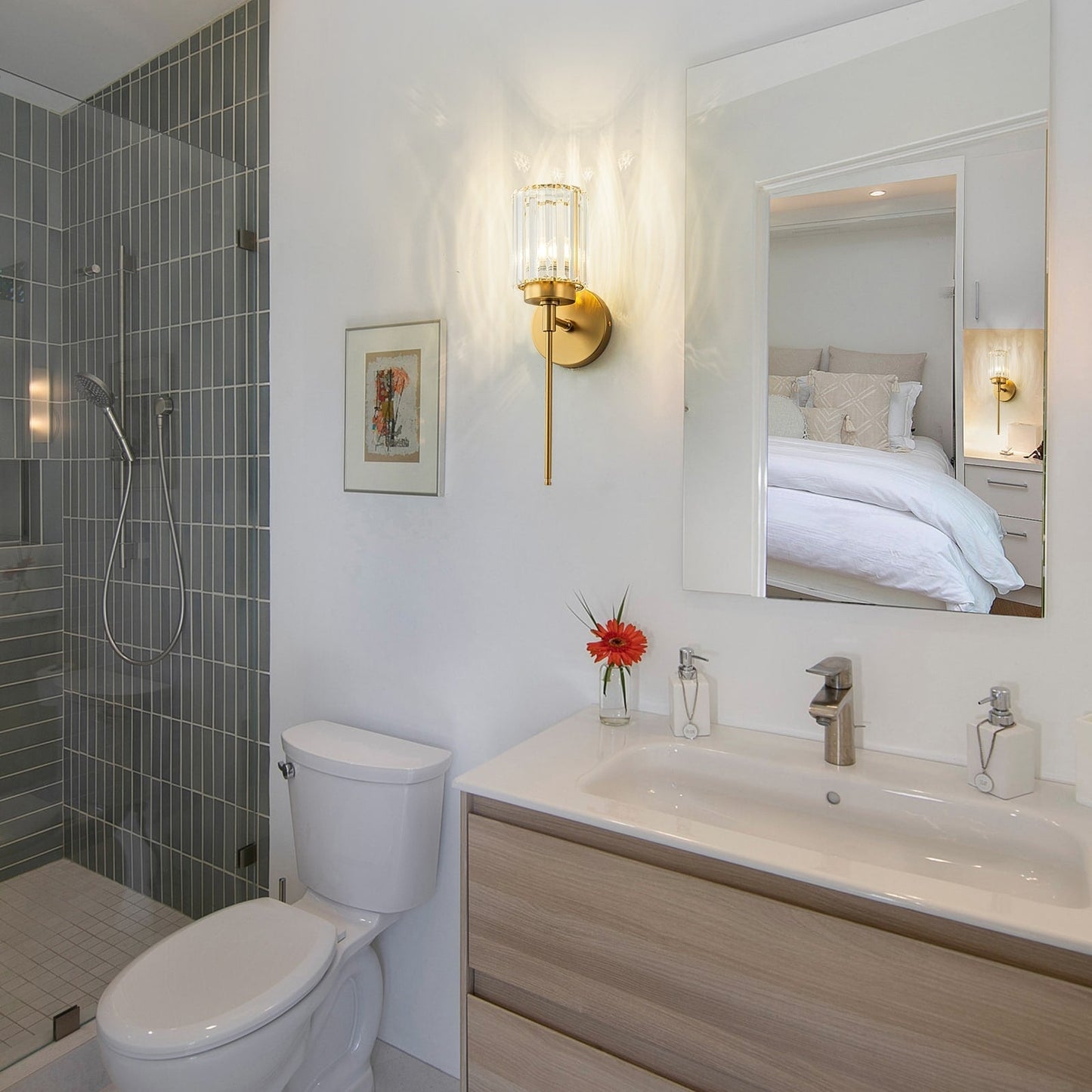 Applique murale moderne dorée à intensité variable, style cylindre glamour pour salle de bain, en cristal, pour vanité