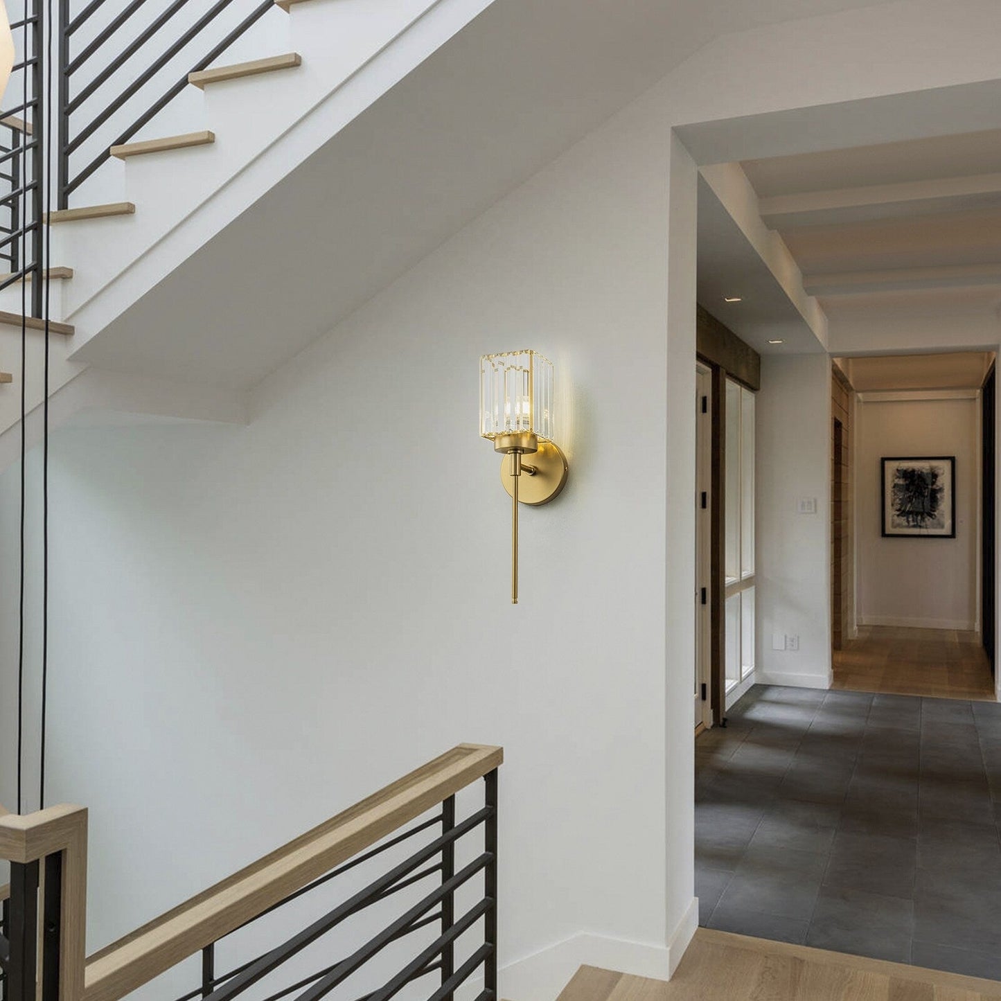 Applique murale moderne dorée à intensité variable, style cylindre glamour pour salle de bain, en cristal, pour vanité