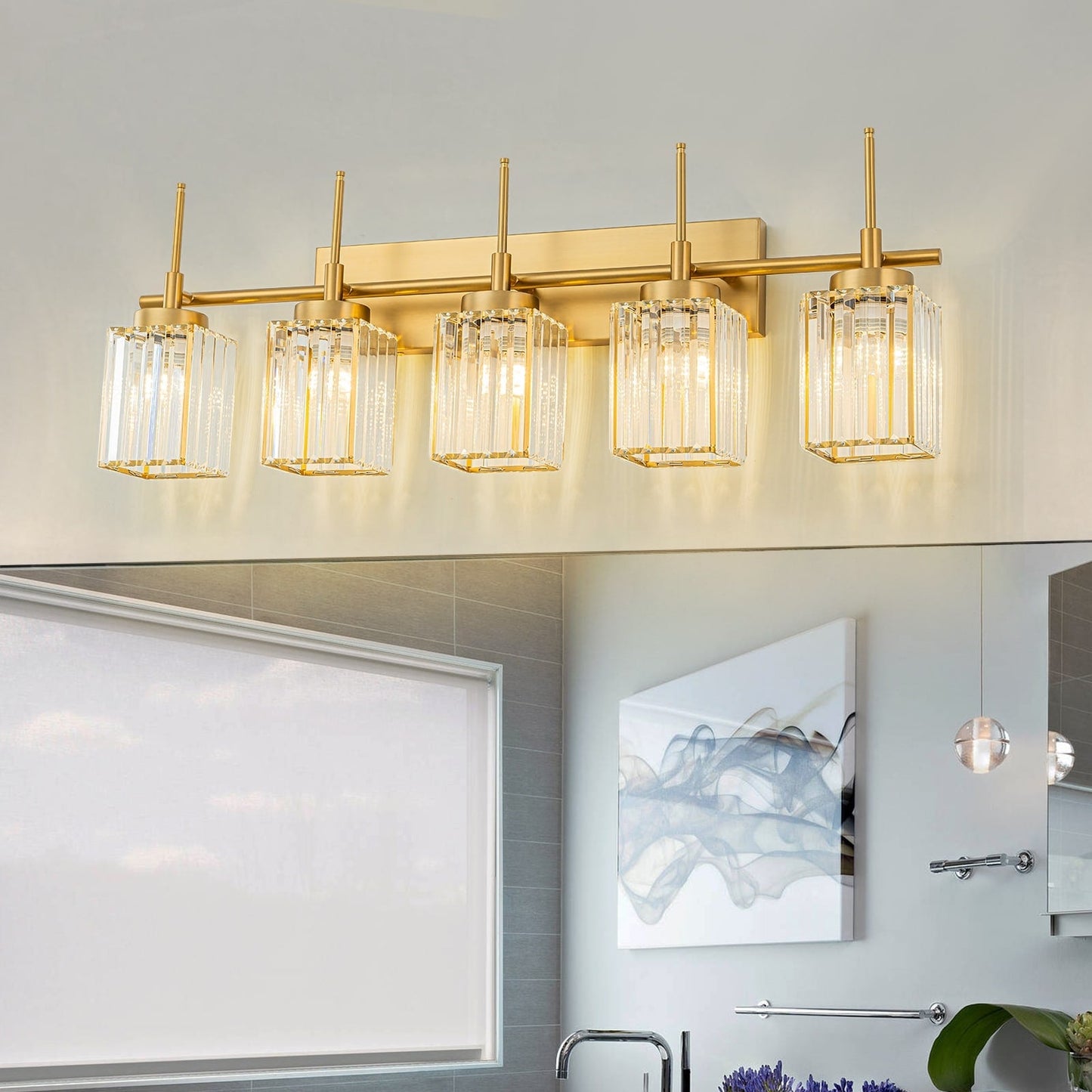 Applique murale moderne dorée à intensité variable, style cylindre glamour pour salle de bain, en cristal, pour vanité