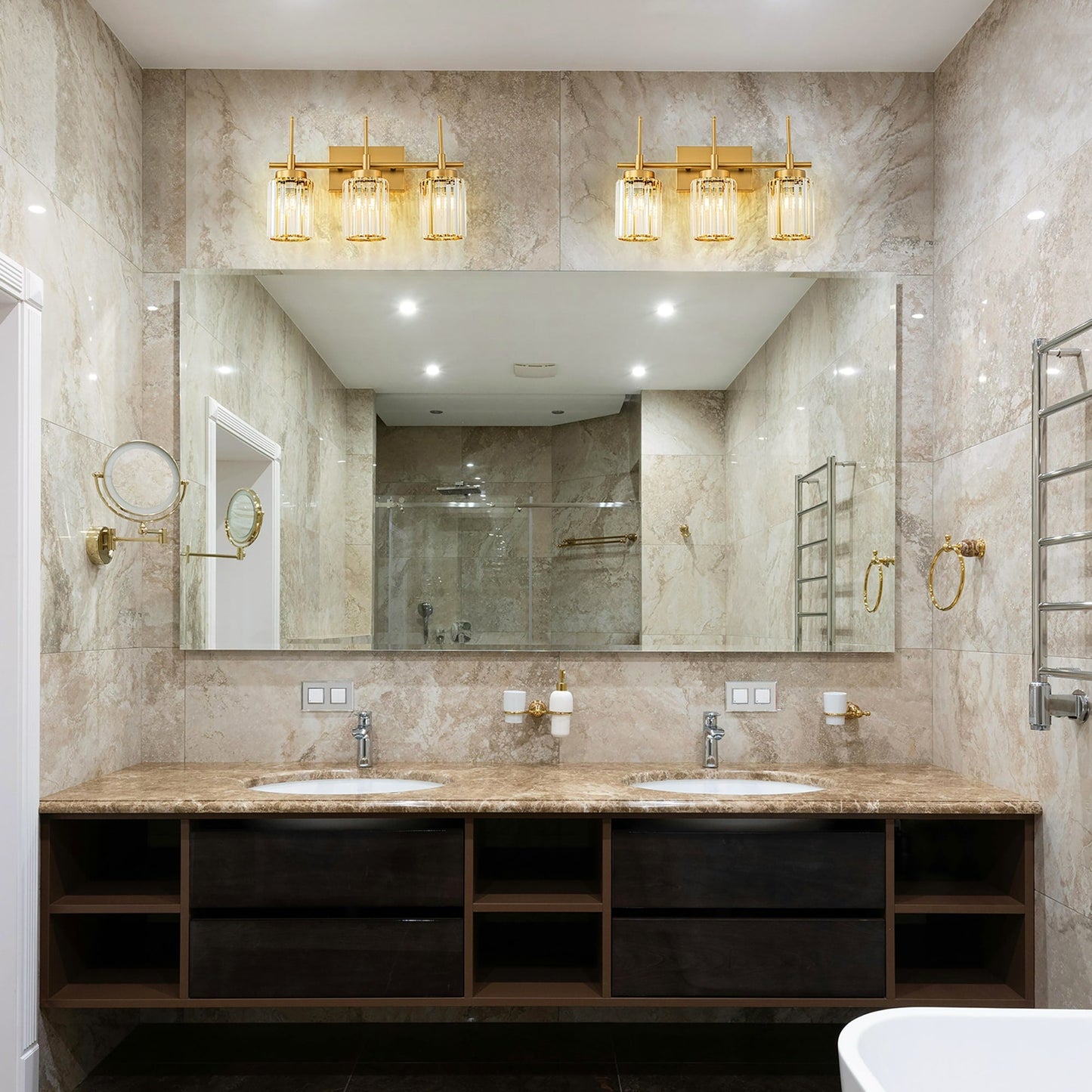 Applique murale moderne dorée à intensité variable, style cylindre glamour pour salle de bain, en cristal, pour vanité