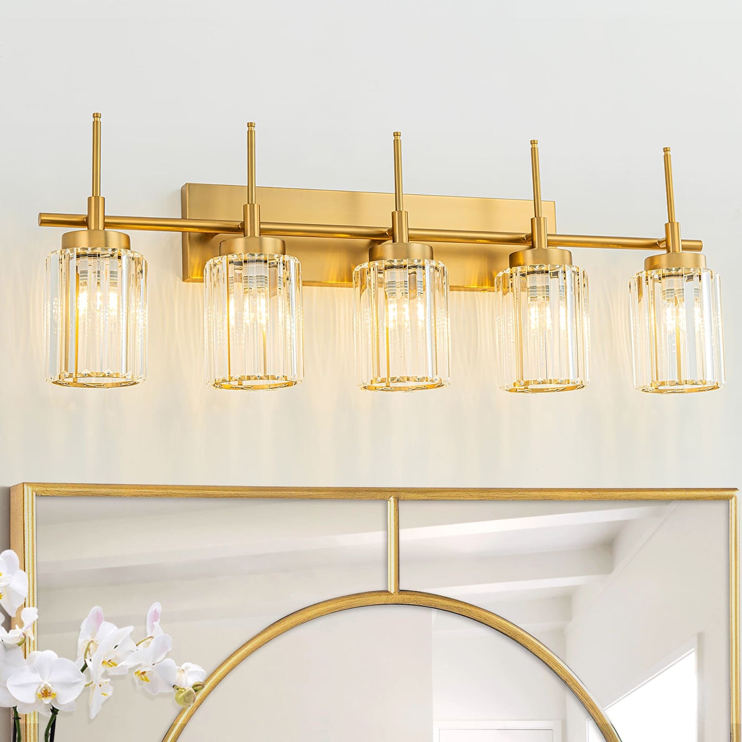 Applique murale moderne dorée à intensité variable, style cylindre glamour pour salle de bain, en cristal, pour vanité