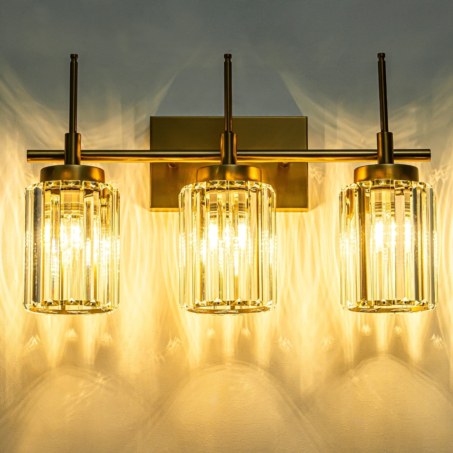 Applique murale moderne dorée à intensité variable, style cylindre glamour pour salle de bain, en cristal, pour vanité