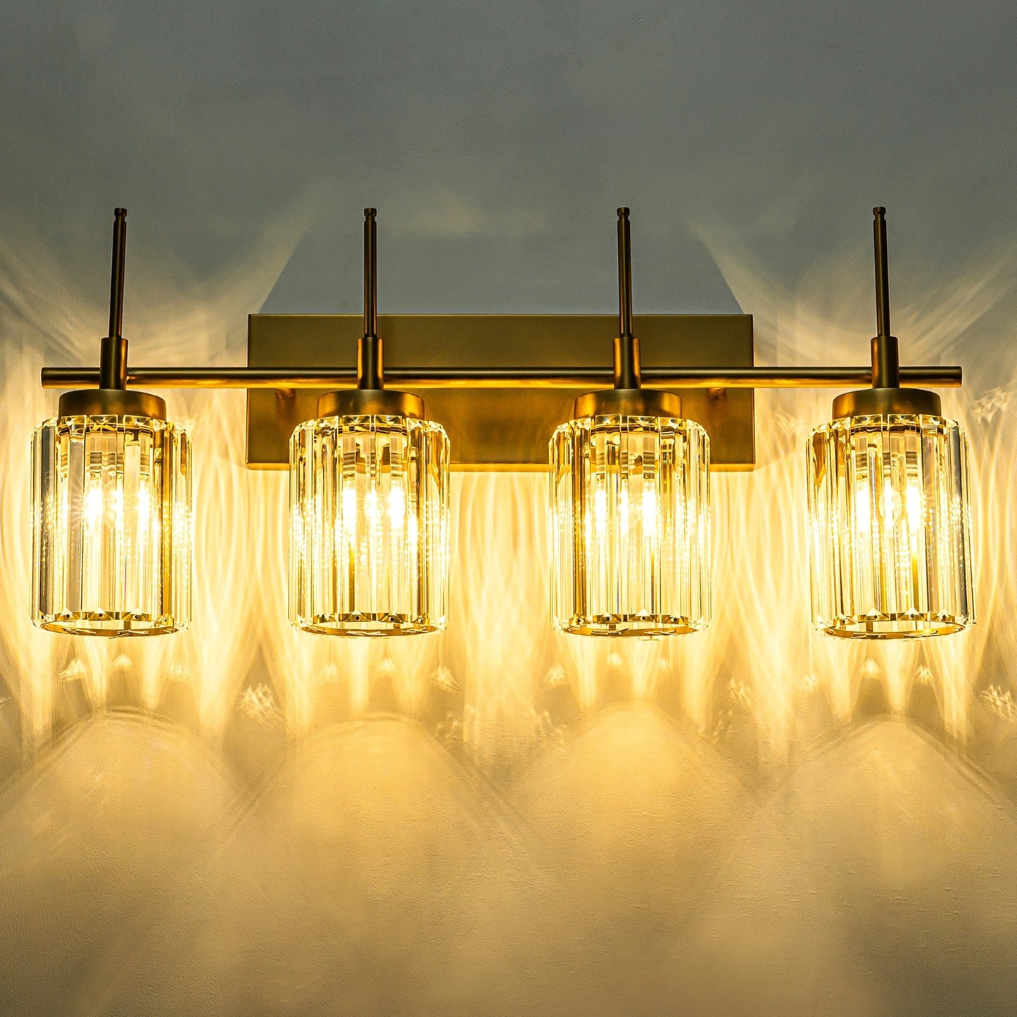 Applique murale moderne dorée à intensité variable, style cylindre glamour pour salle de bain, en cristal, pour vanité