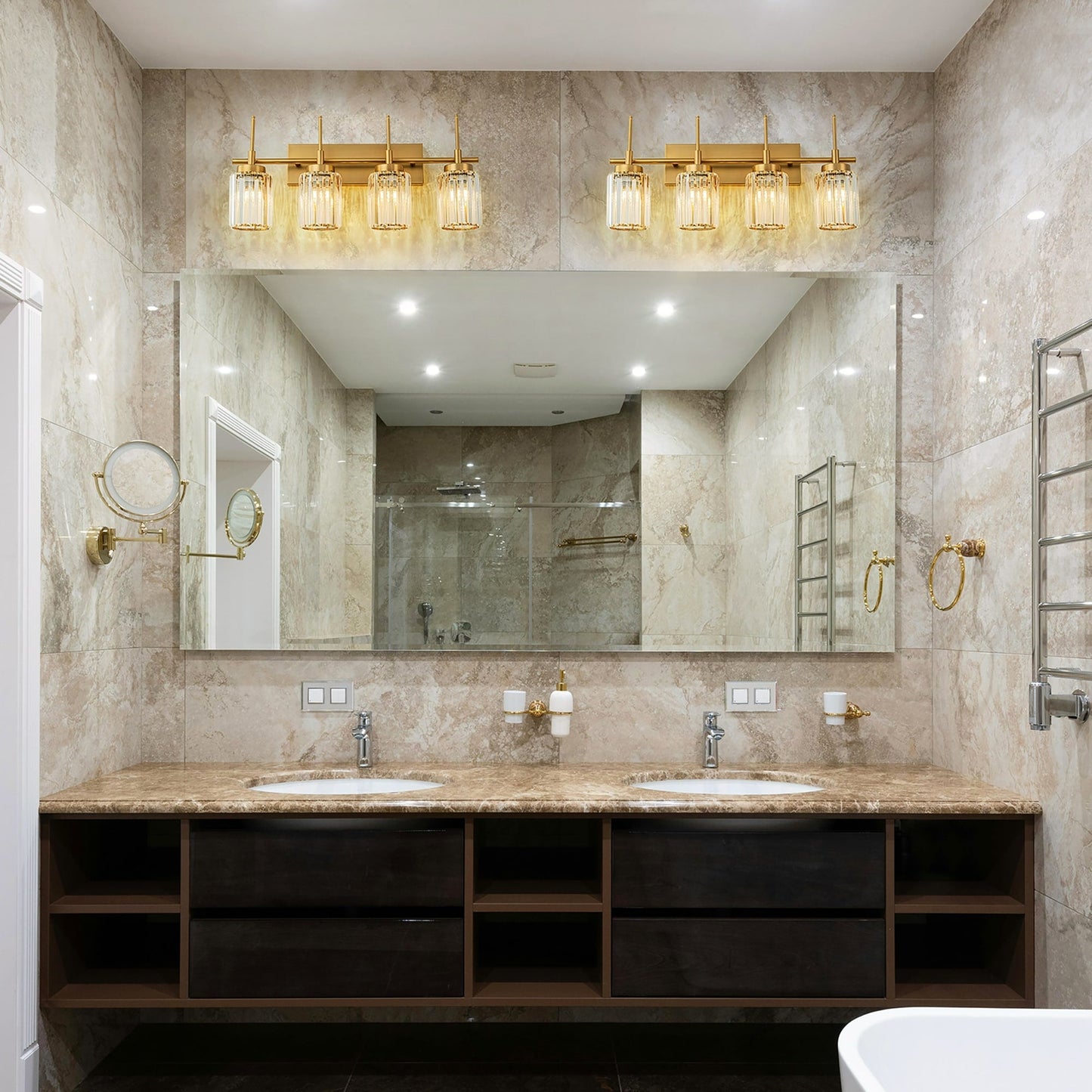 Applique murale moderne dorée à intensité variable, style cylindre glamour pour salle de bain, en cristal, pour vanité