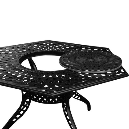 Ensemble de salle à manger de patio hexagonal moderne et orné en aluminium de 160 cm avec plateau tournant et six chaises - N/A