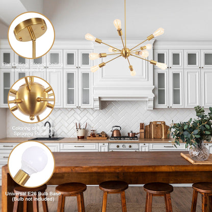 Lustre moderne Spoutnik à 10 lumières réglables pour cuisine, salle à manger, salon, chambre à coucher - N/A