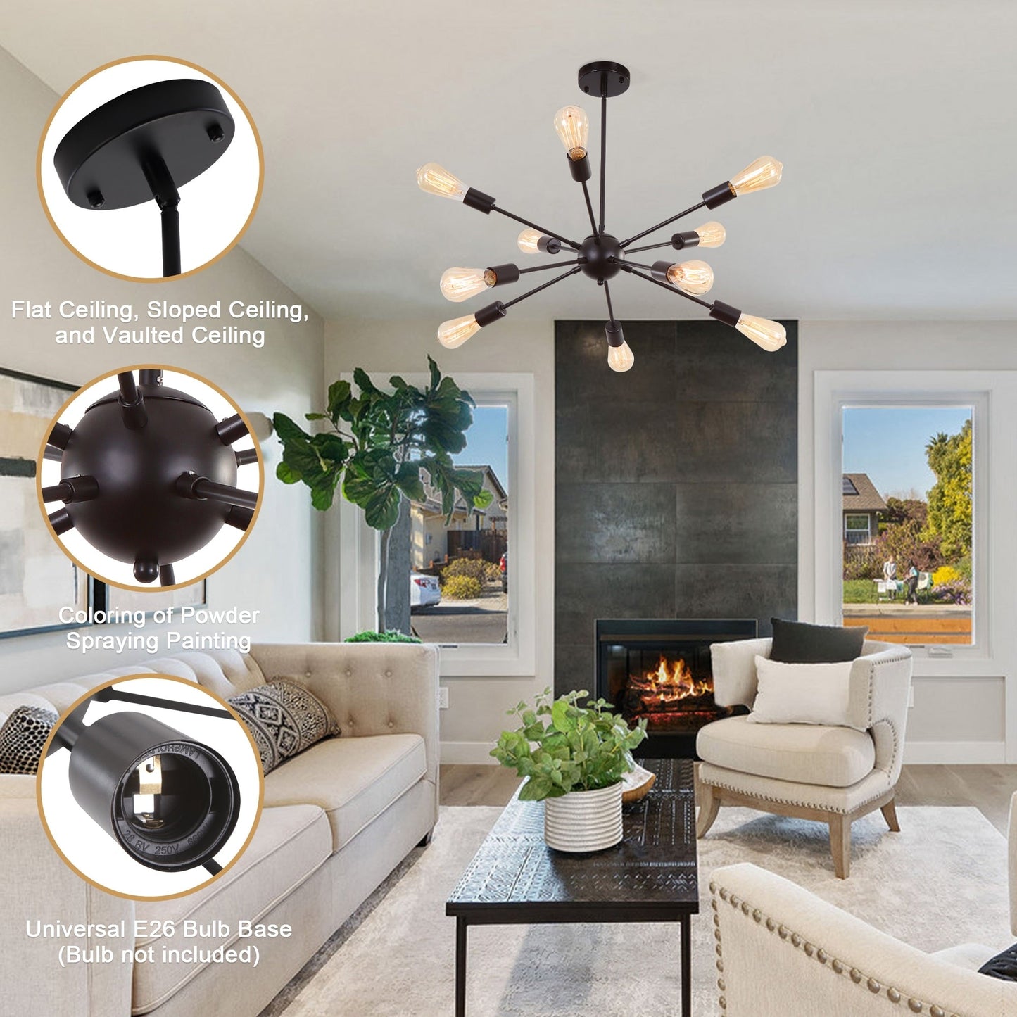 Lustre moderne Spoutnik à 10 lumières réglables pour cuisine, salle à manger, salon, chambre à coucher - N/A