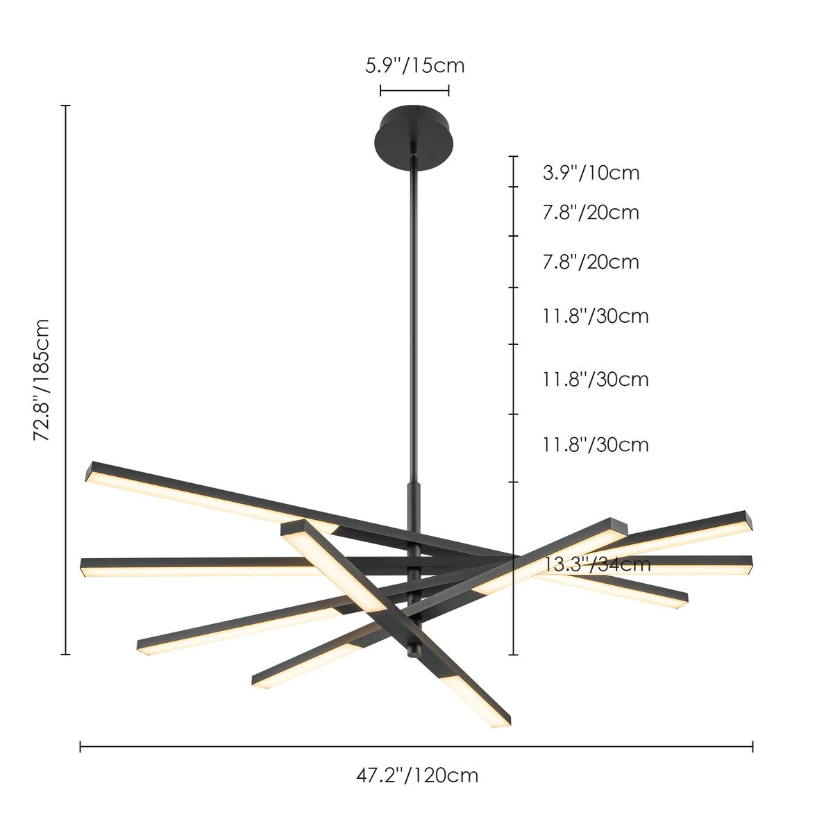 Lustre moderne à plusieurs niveaux Spoutnik linéaire, lumière chaude 3 000 K, LED intégrée