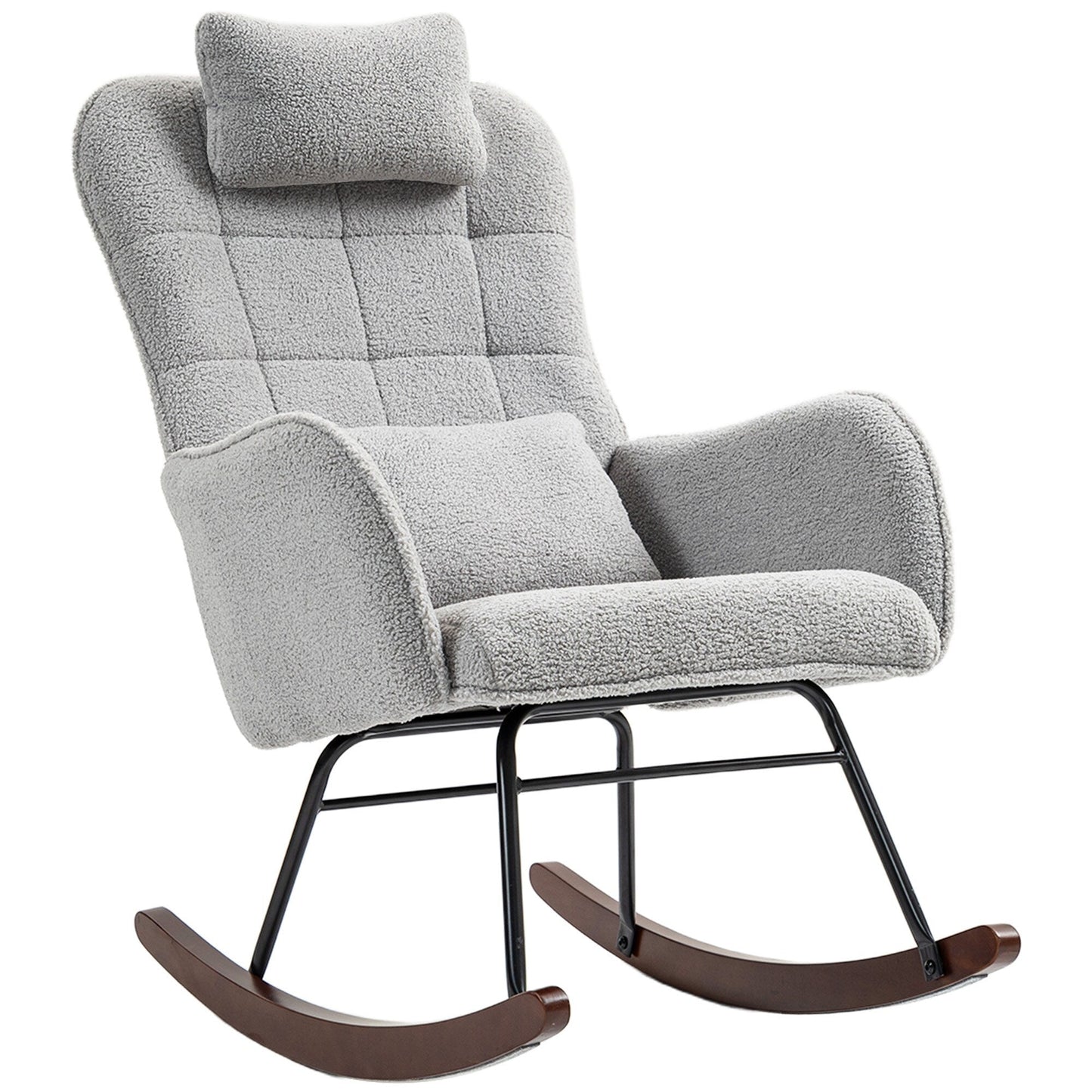 Fauteuil à bascule rembourré moderne avec dossier haut, appui-tête et coussin lombaire pour salon ou chambre à coucher