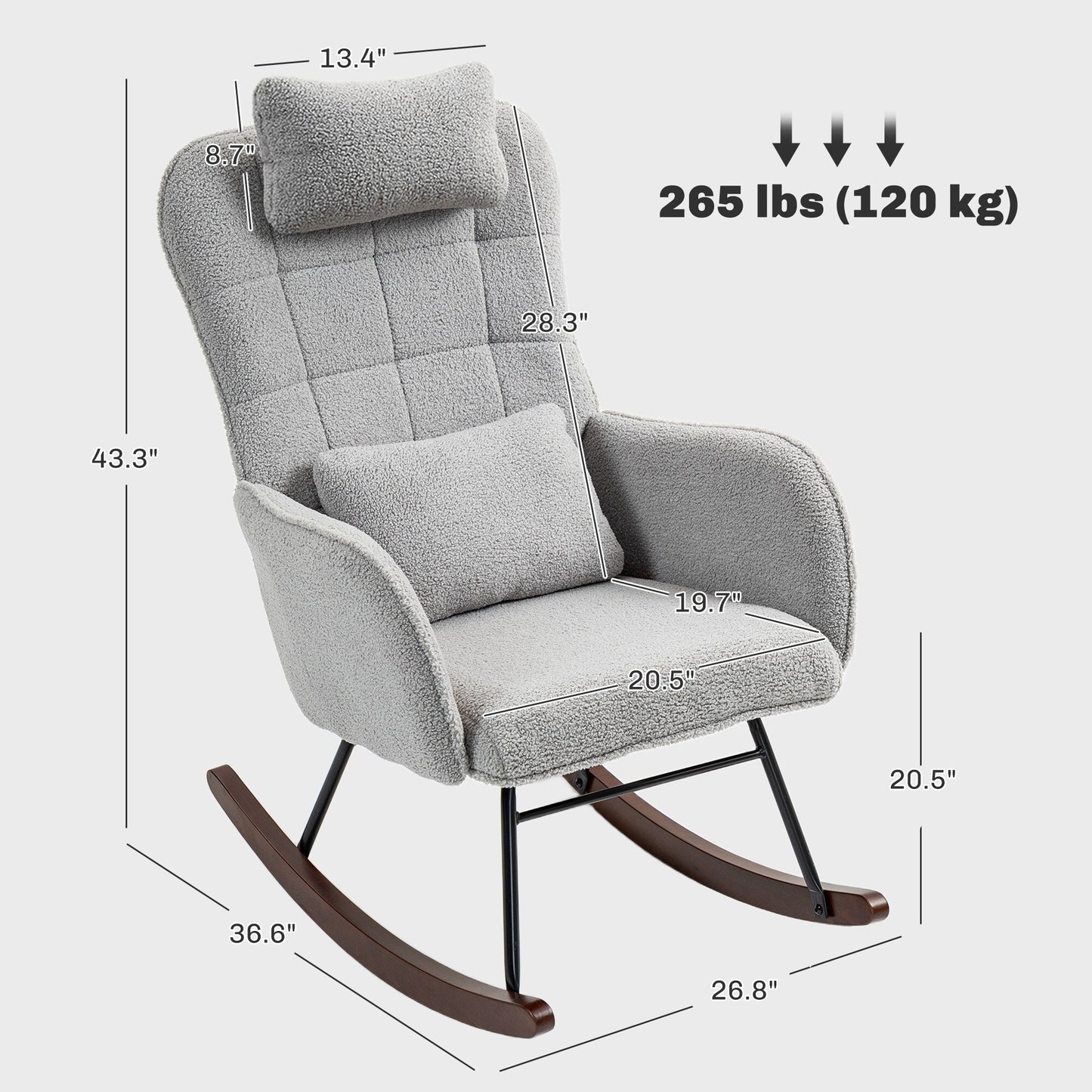 Fauteuil à bascule rembourré moderne avec dossier haut, appui-tête et coussin lombaire pour salon ou chambre à coucher