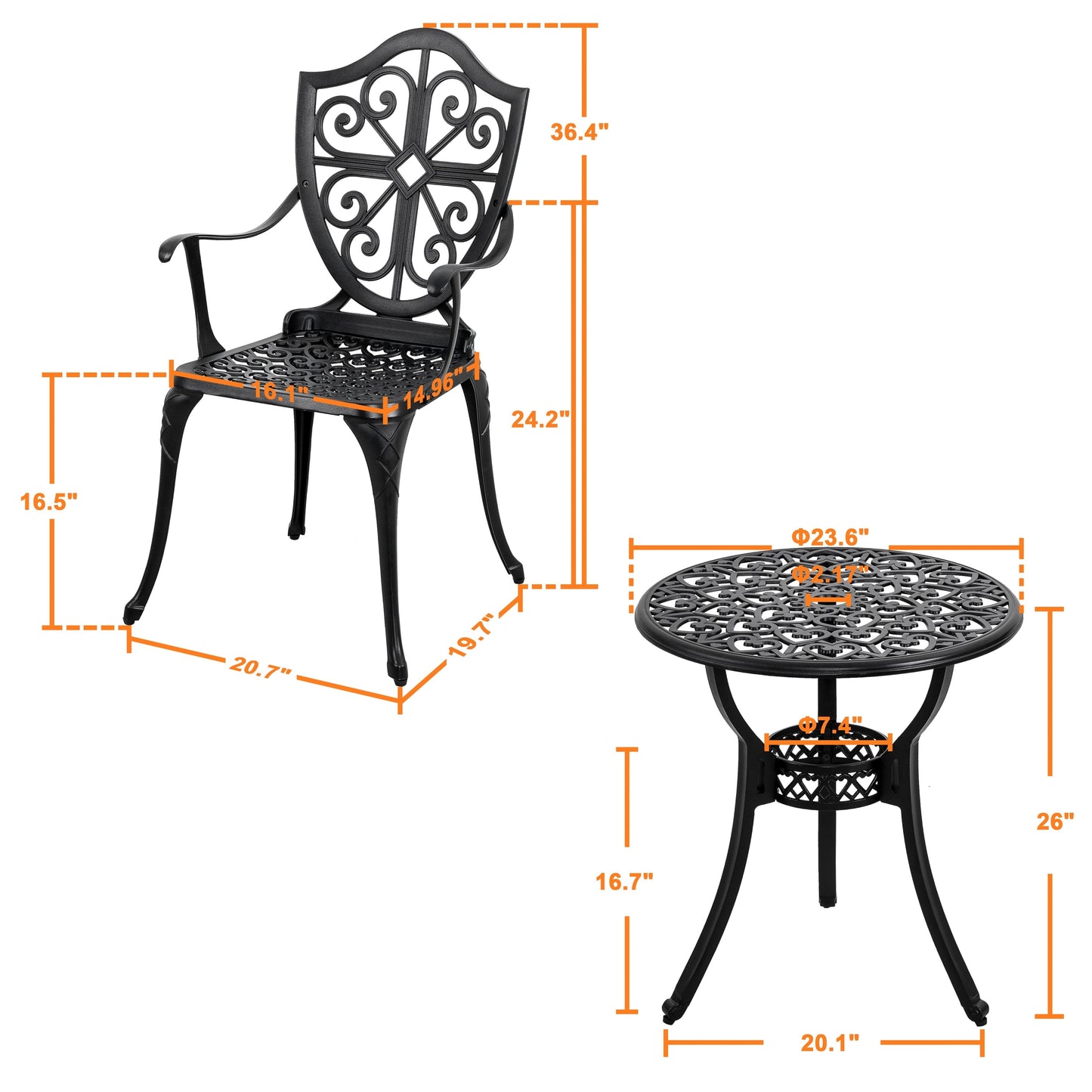 Ensemble de bistrot d'extérieur 3 pièces, ensemble de patio en fonte d'aluminium avec trou pour parasol