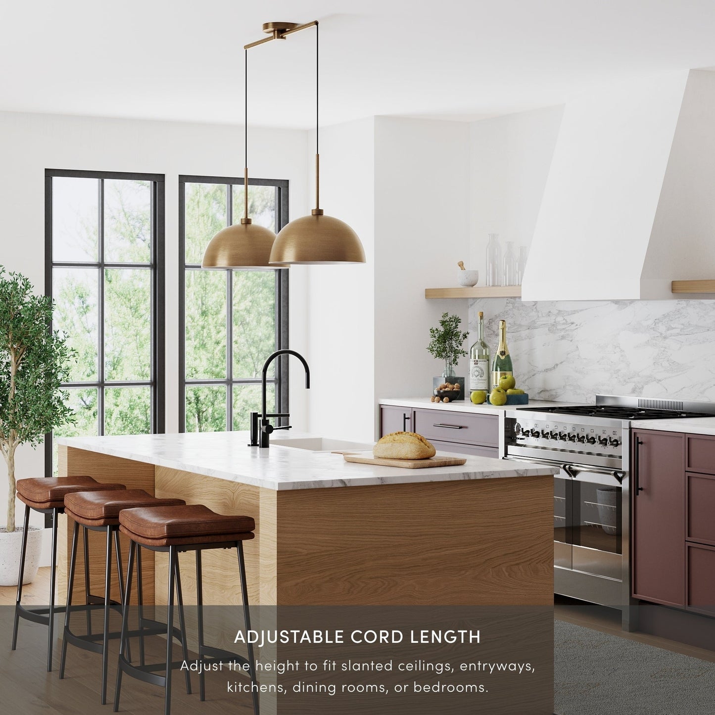 Luminaire suspendu moderne à 2 lumières pour îlot Percy de Nathan James, avec abat-jour en métal et cordon réglable