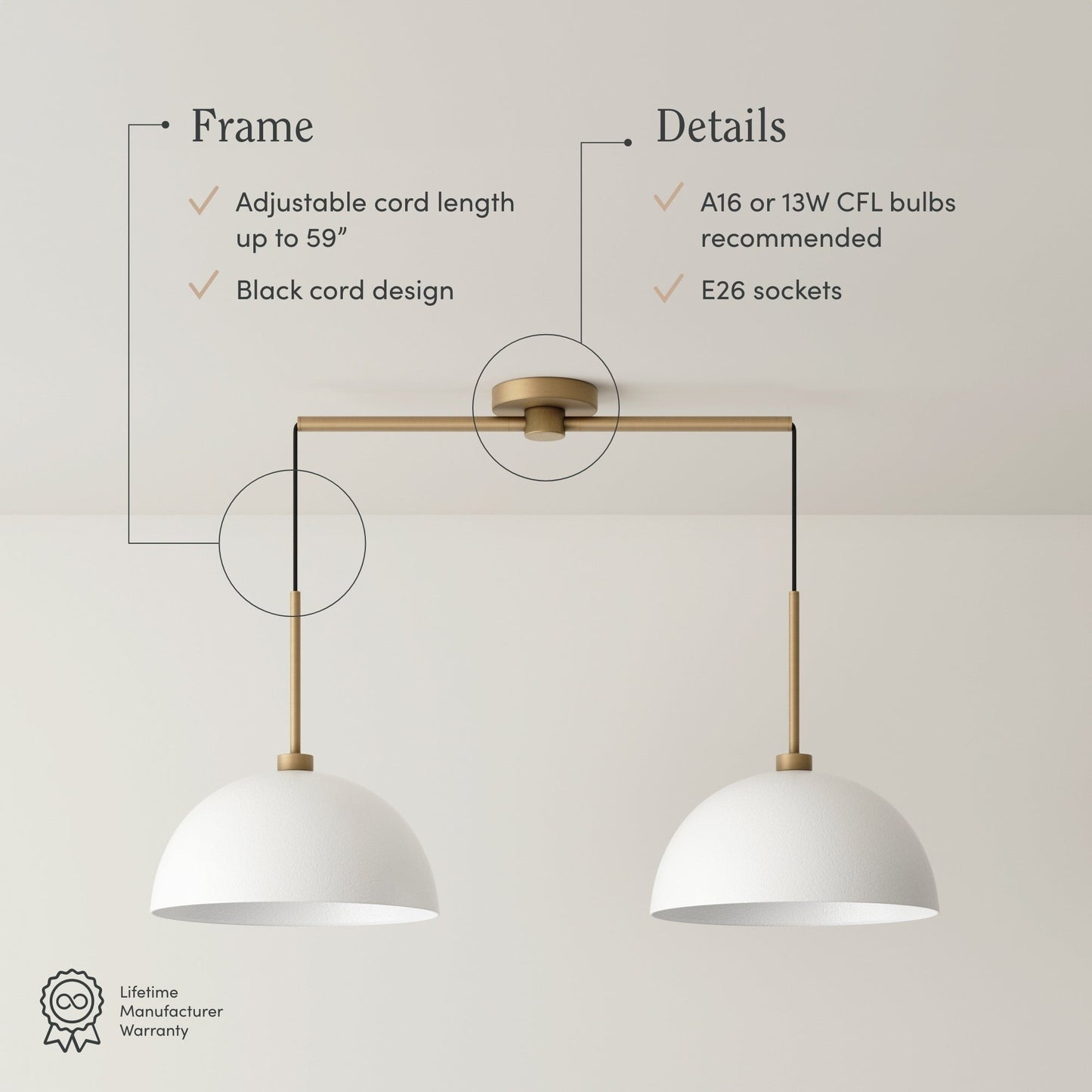 Luminaire suspendu moderne à 2 lumières pour îlot Percy de Nathan James, avec abat-jour en métal et cordon réglable