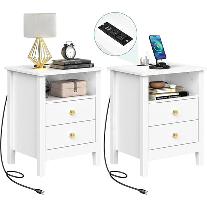 Ensemble de 2 tables de chevet avec station de charge, table d'appoint avec 2 tiroirs, ports et prises USB, table de chevet
