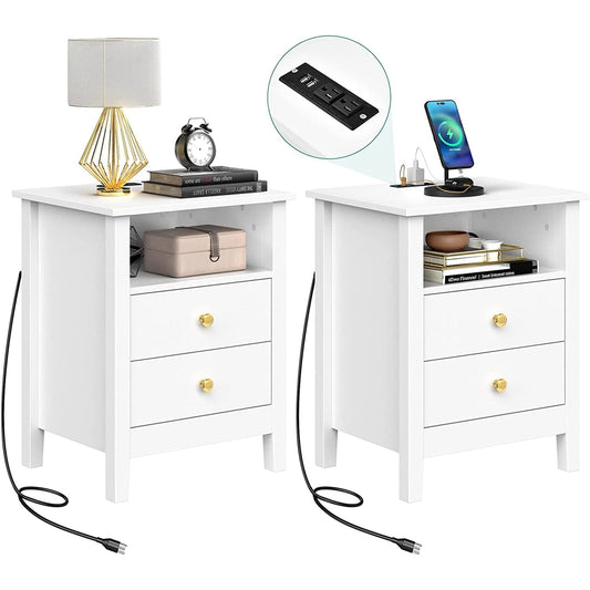 Ensemble de 2 tables de chevet avec station de charge, table d'appoint avec 2 tiroirs, ports et prises USB, table de chevet