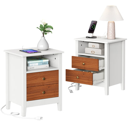 Ensemble de 2 tables de chevet avec station de charge, table d'appoint avec 2 tiroirs, ports et prises USB, table de chevet