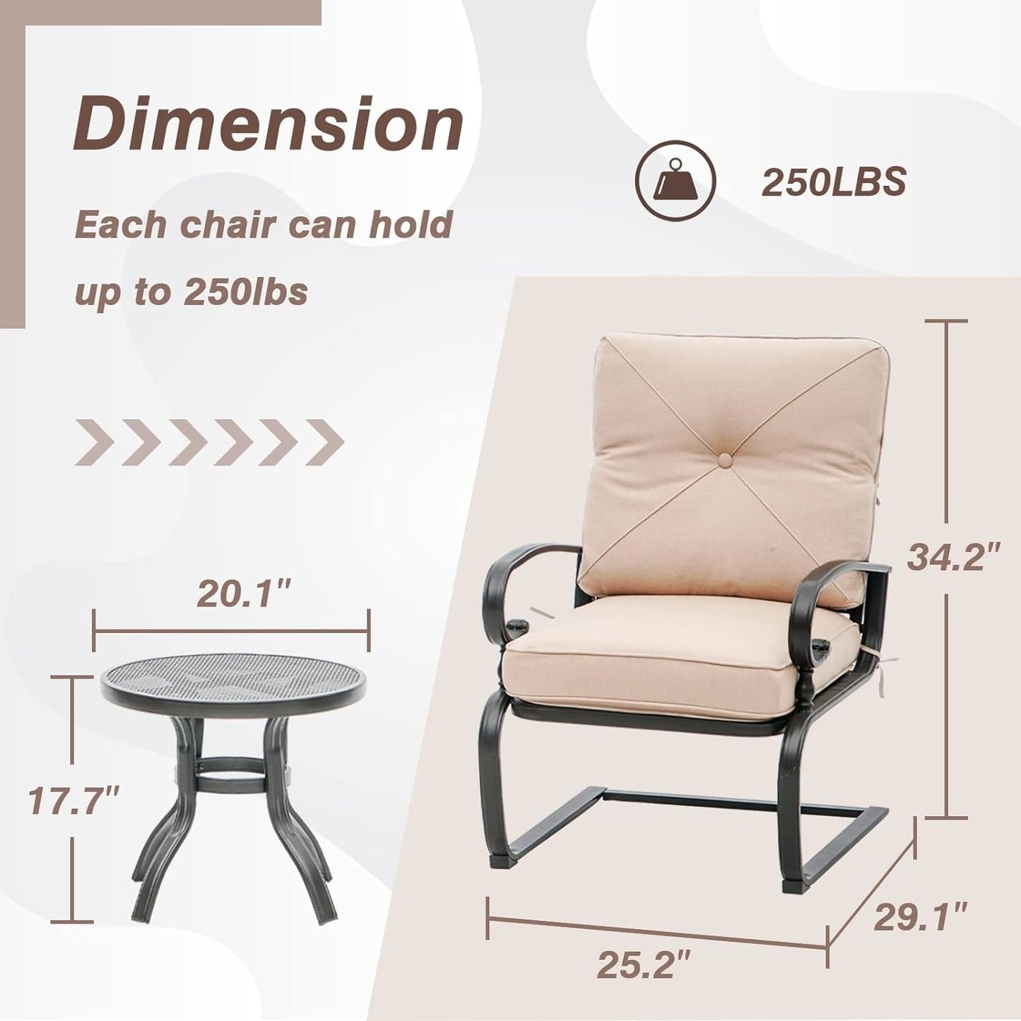 Ensemble de bistrot d'extérieur 3 pièces Nista avec coussins et table basse, à ressorts en C, par Havenside Home