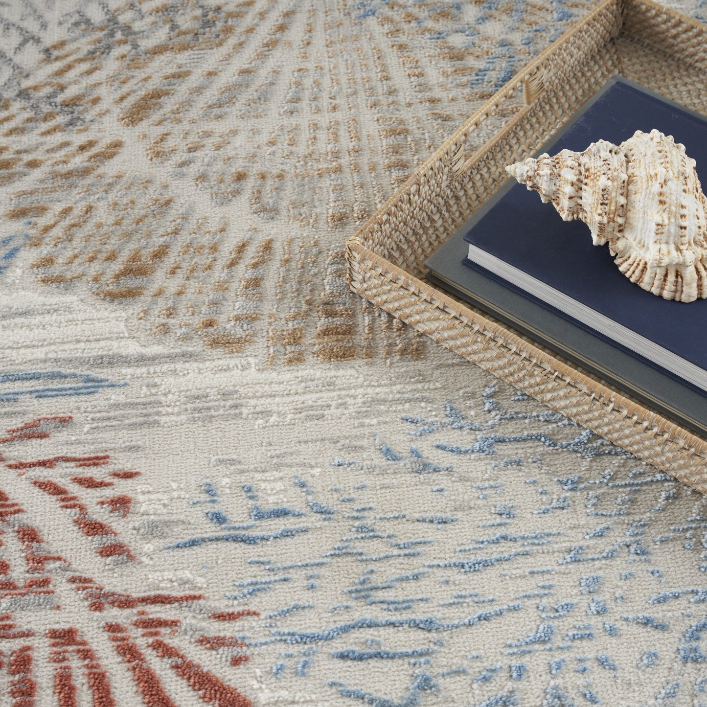 Tapis Nourison Pompéi, motif coquillages et coraux, idéal pour la plage côtière