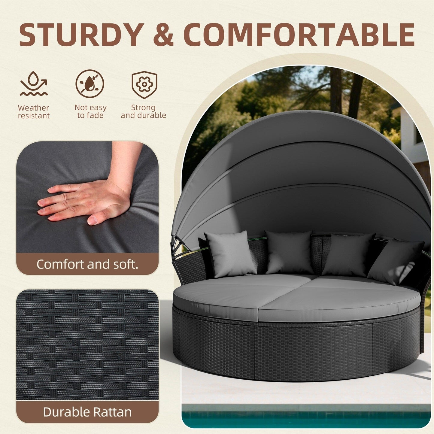 Ensemble de canapé-lit d'extérieur Nuon 4 pièces en osier noir avec auvent rétractable par Havenside Home