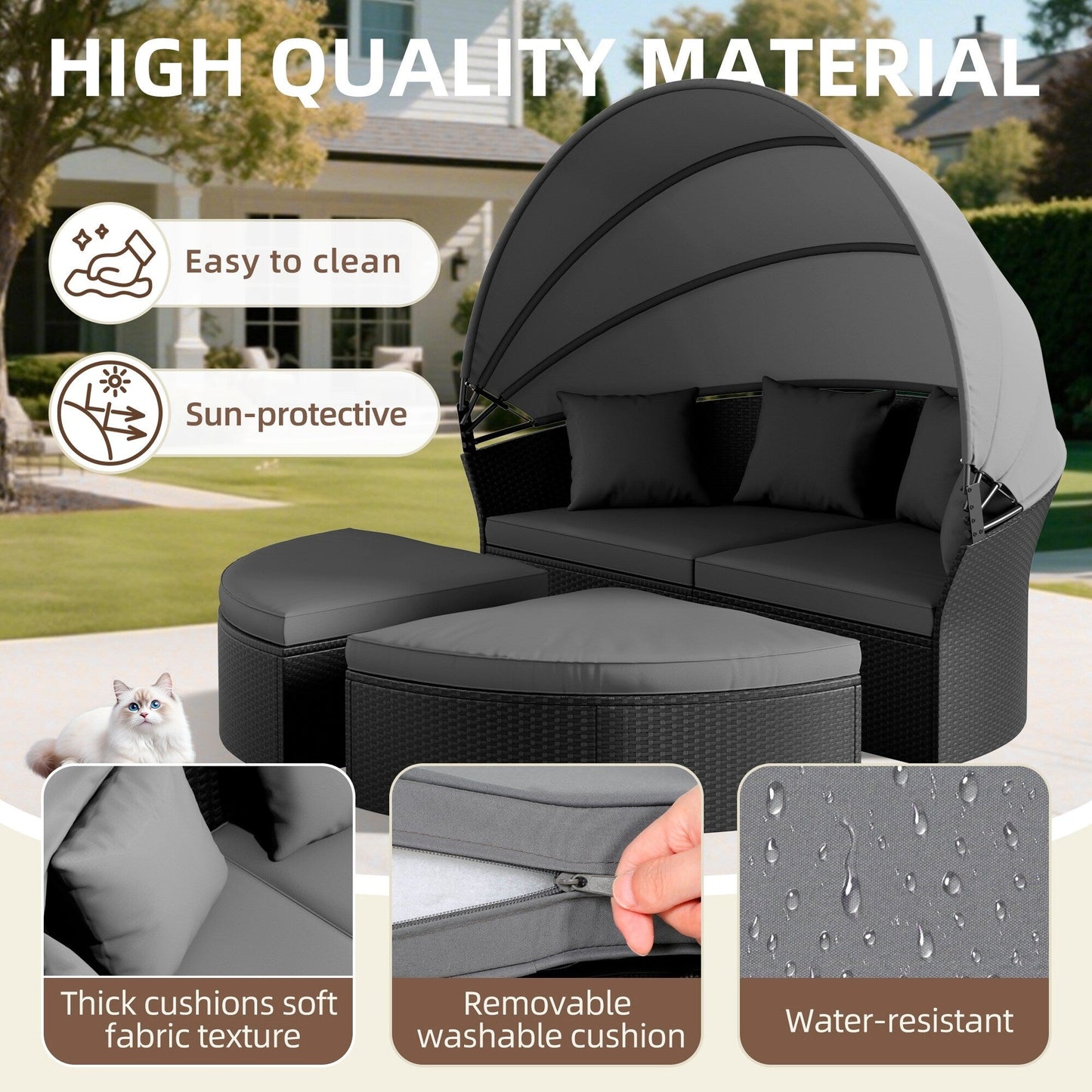 Ensemble de canapé-lit d'extérieur Nuon 4 pièces en osier noir avec auvent rétractable par Havenside Home