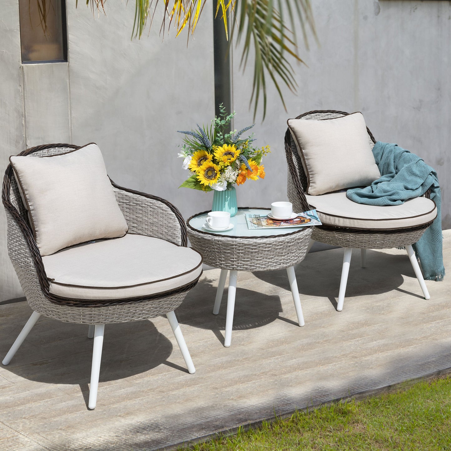 Ensembles de jardin Bistro 3 pièces en rotin et osier avec coussins
