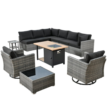 Ensemble de salon sectionnel OVIOS en osier à siège profond, 11 pièces, chaises pivotantes, foyer